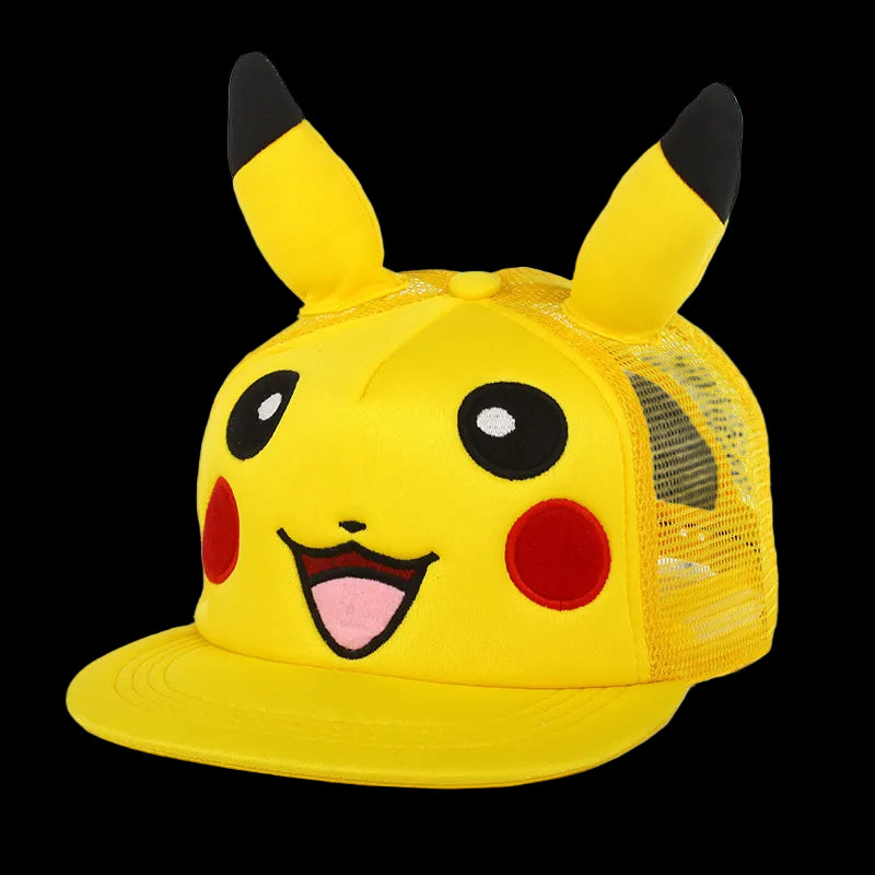 Yellow cap with Pikachu ears and face design on a white background