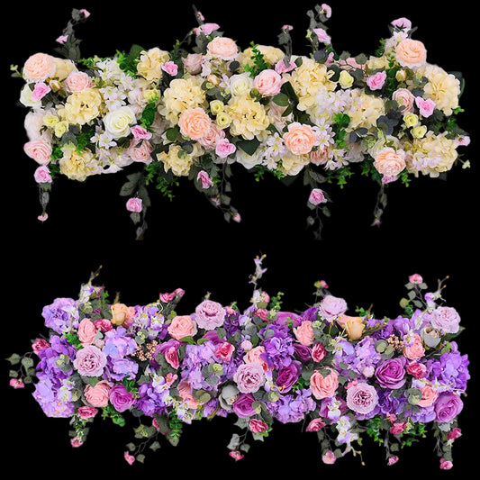 Two floral arrangements with pastel and purple flowers on a white background.