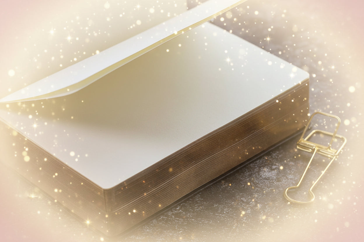 Stack of white cards with a gold clip on a dark surface