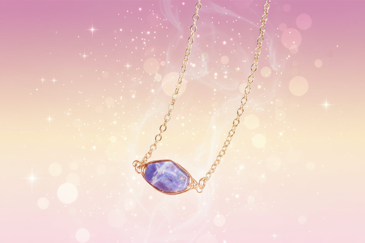 Necklace with a blue stone pendant on a beige background