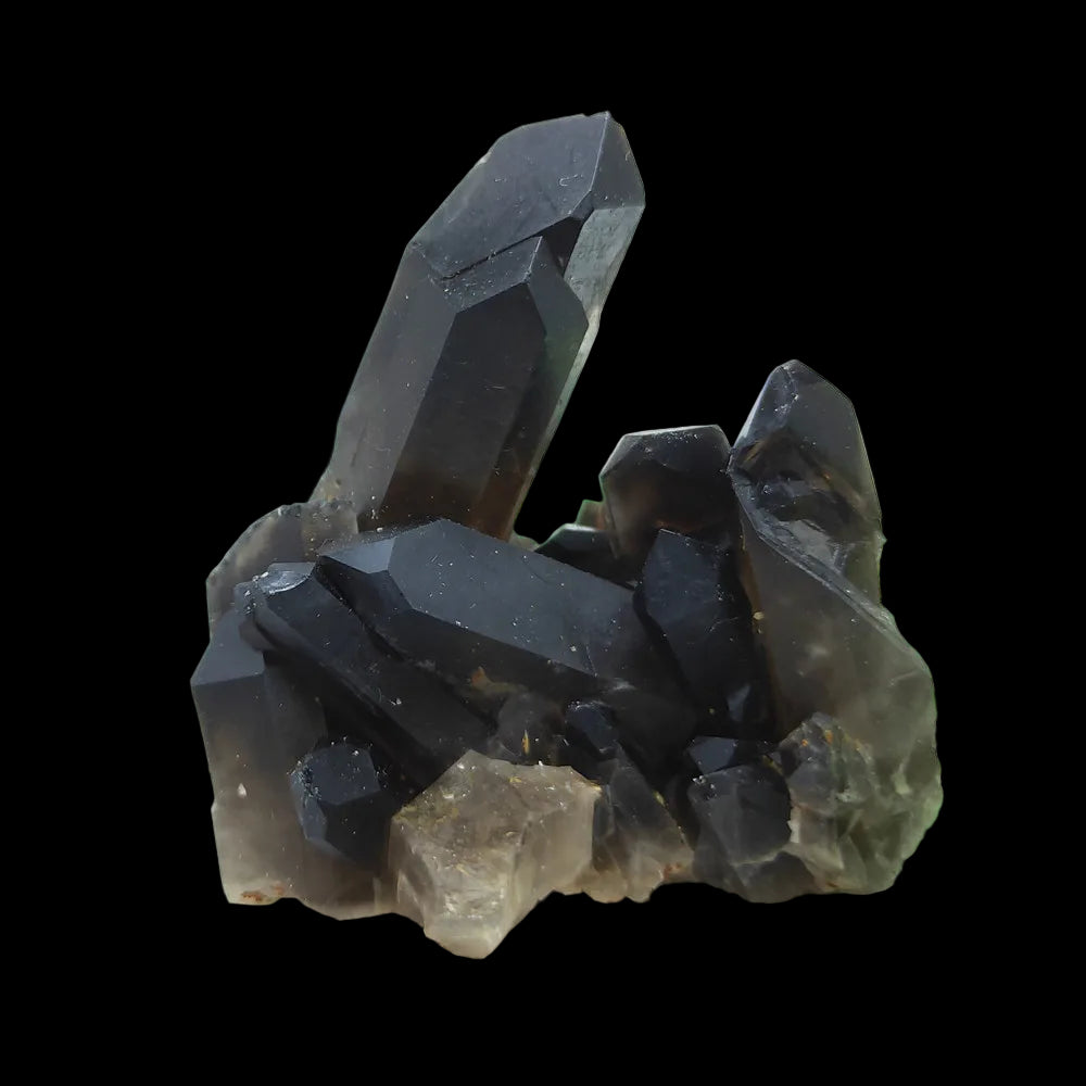 Black crystal cluster on a white background with green leaves