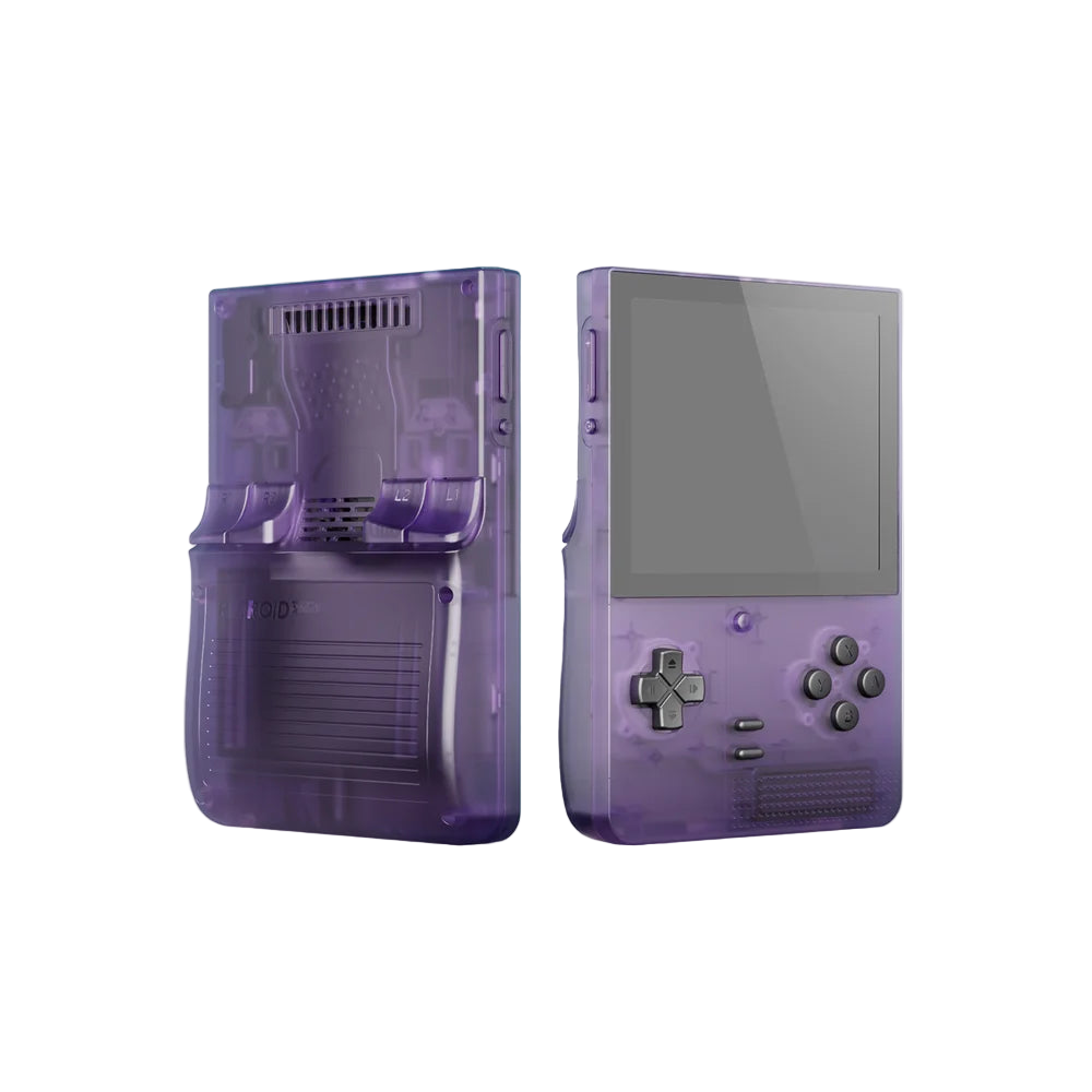 Purple handheld gaming console with transparent back on a white background