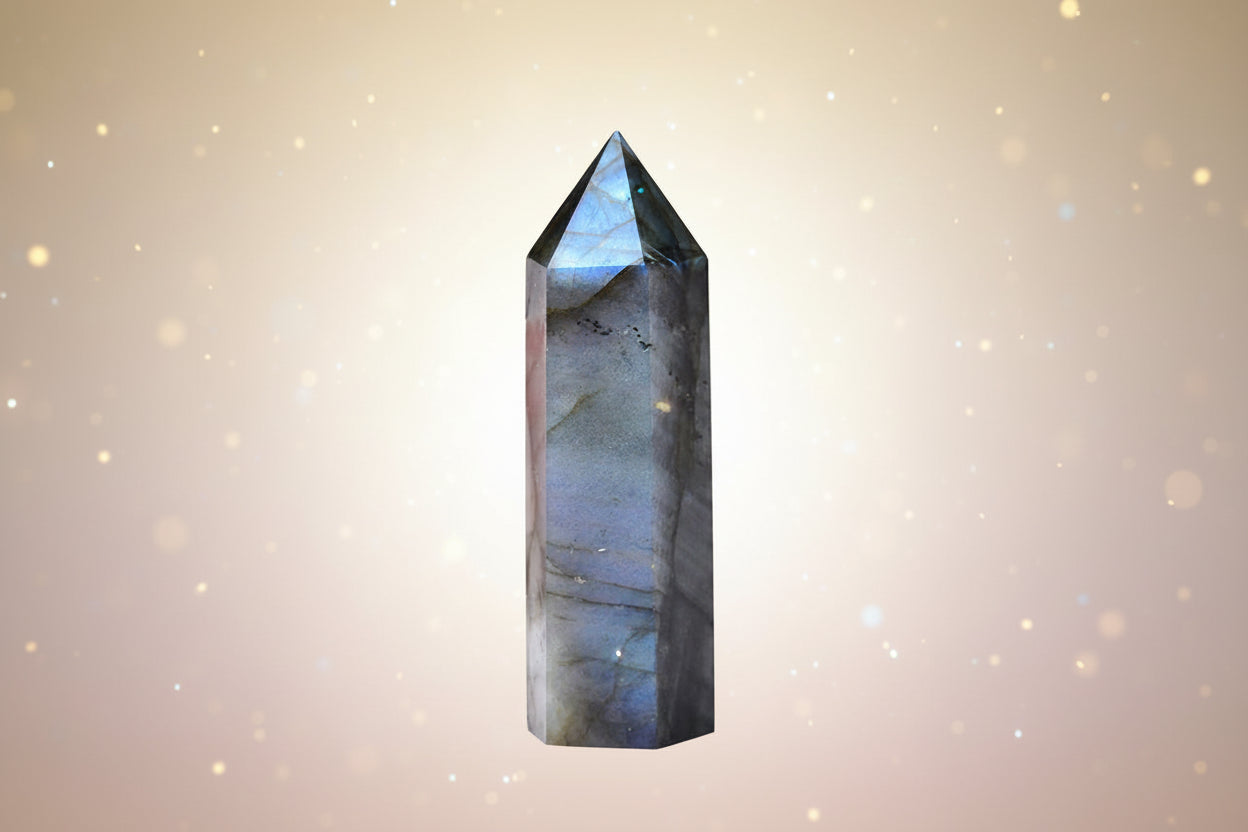 Crystal tower with multicolored patterns on a white surface