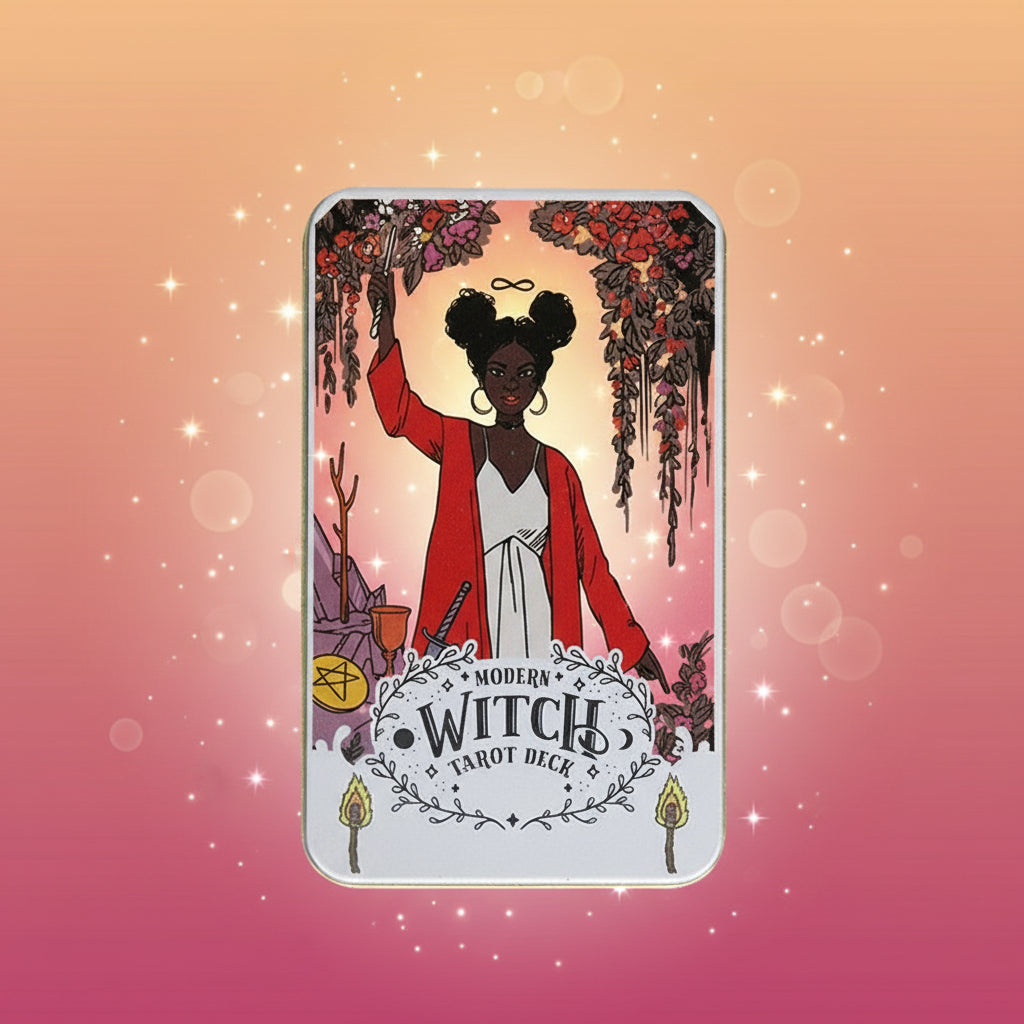 Card from 'Modern Witch Tarot Deck' with a person in a red coat and white dress holding flowers on a yellow background.