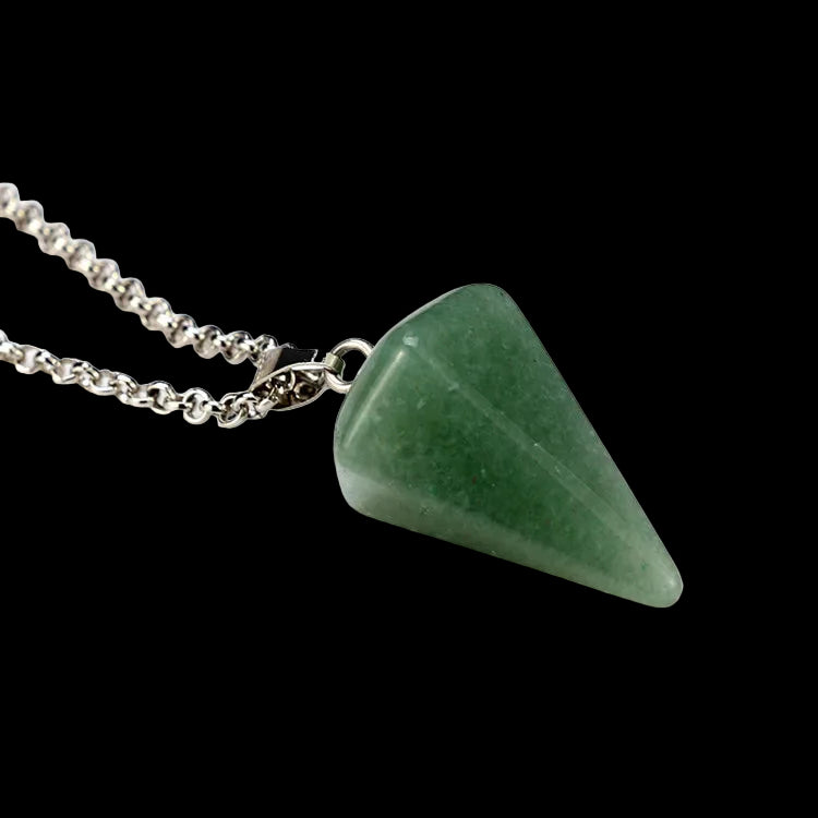 Green triangular pendant on a silver chain against a white background