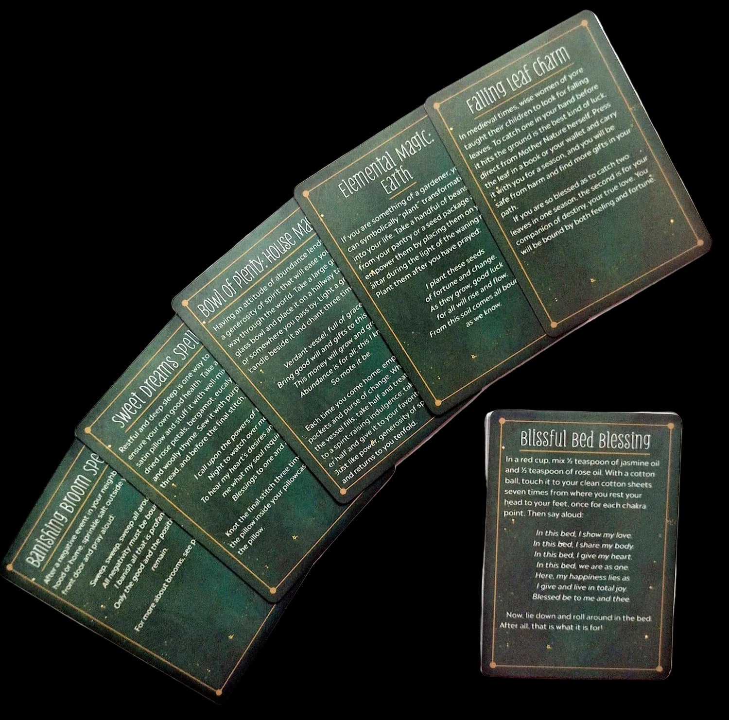 Set of green cards with text on a black background