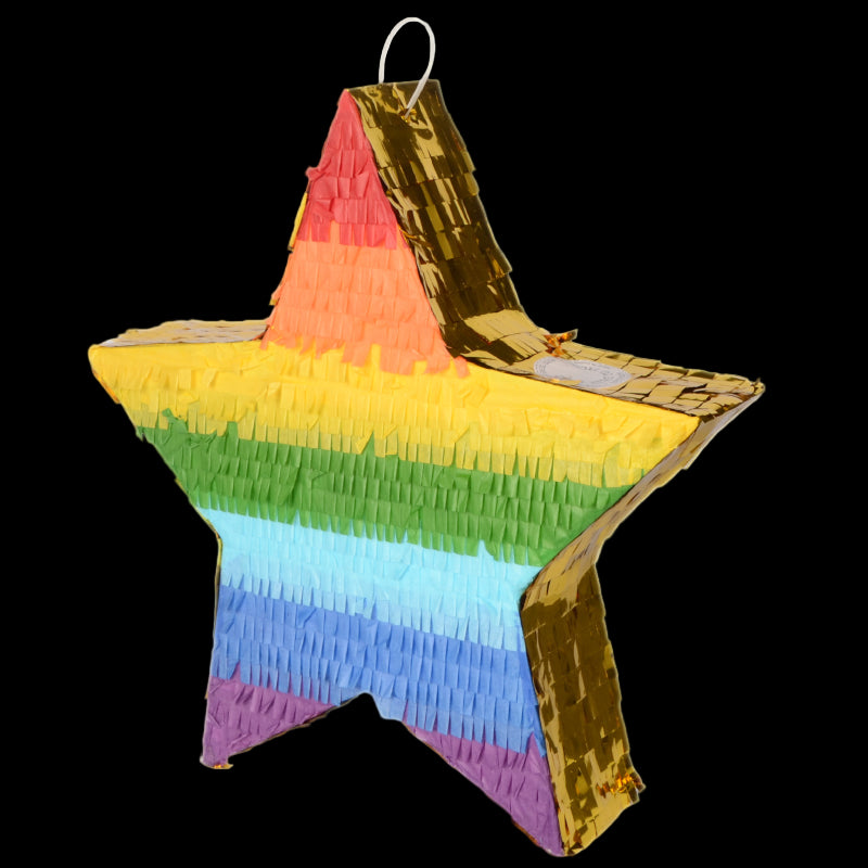 Star-shaped rainbow piñata with gold accents on a white background
