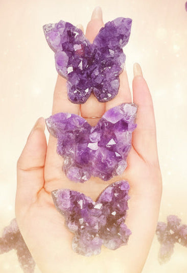 Hand holding purple crystal butterfly shapes with more crystals arranged on a white background