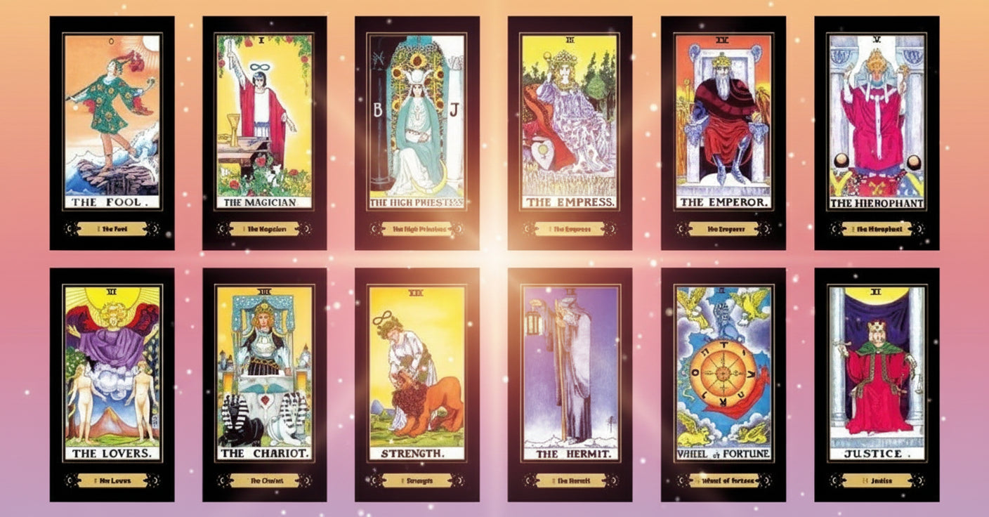 Set of tarot cards displayed in a grid with a black banner at the bottom.