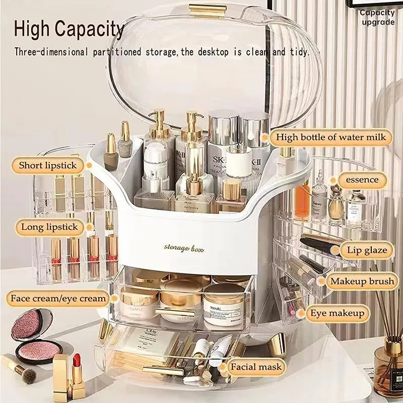 Cosmetic organizer with various skincare and makeup products on a white background