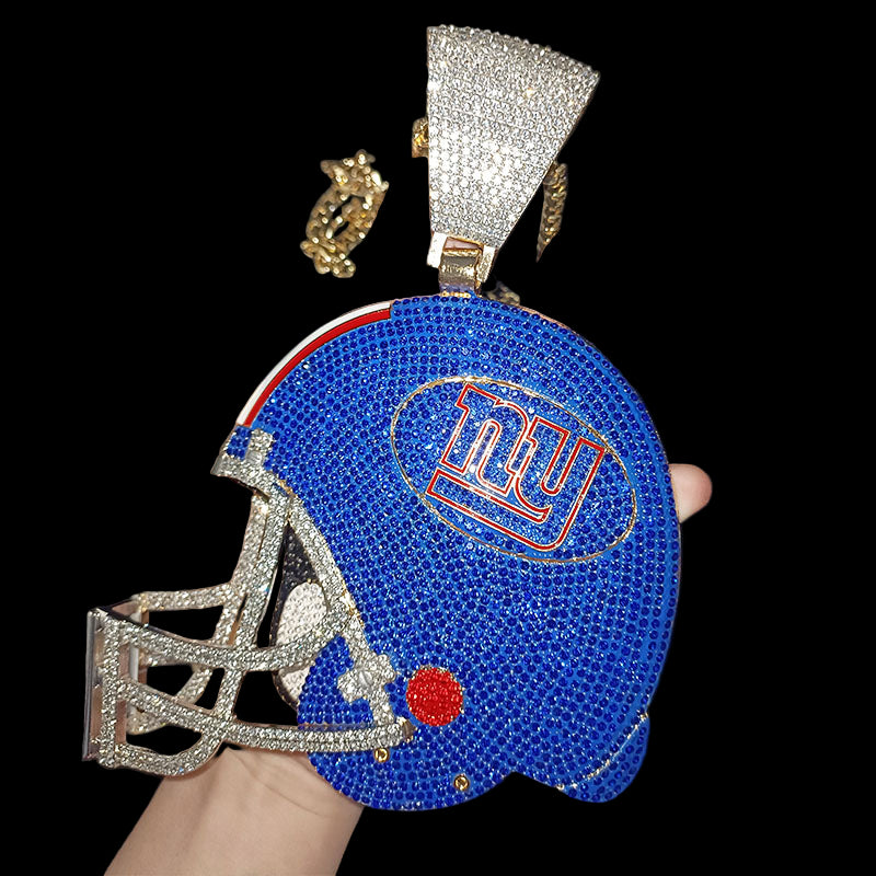 Blue helmet-shaped clutch with 'NY' logo held by a hand against a dark background