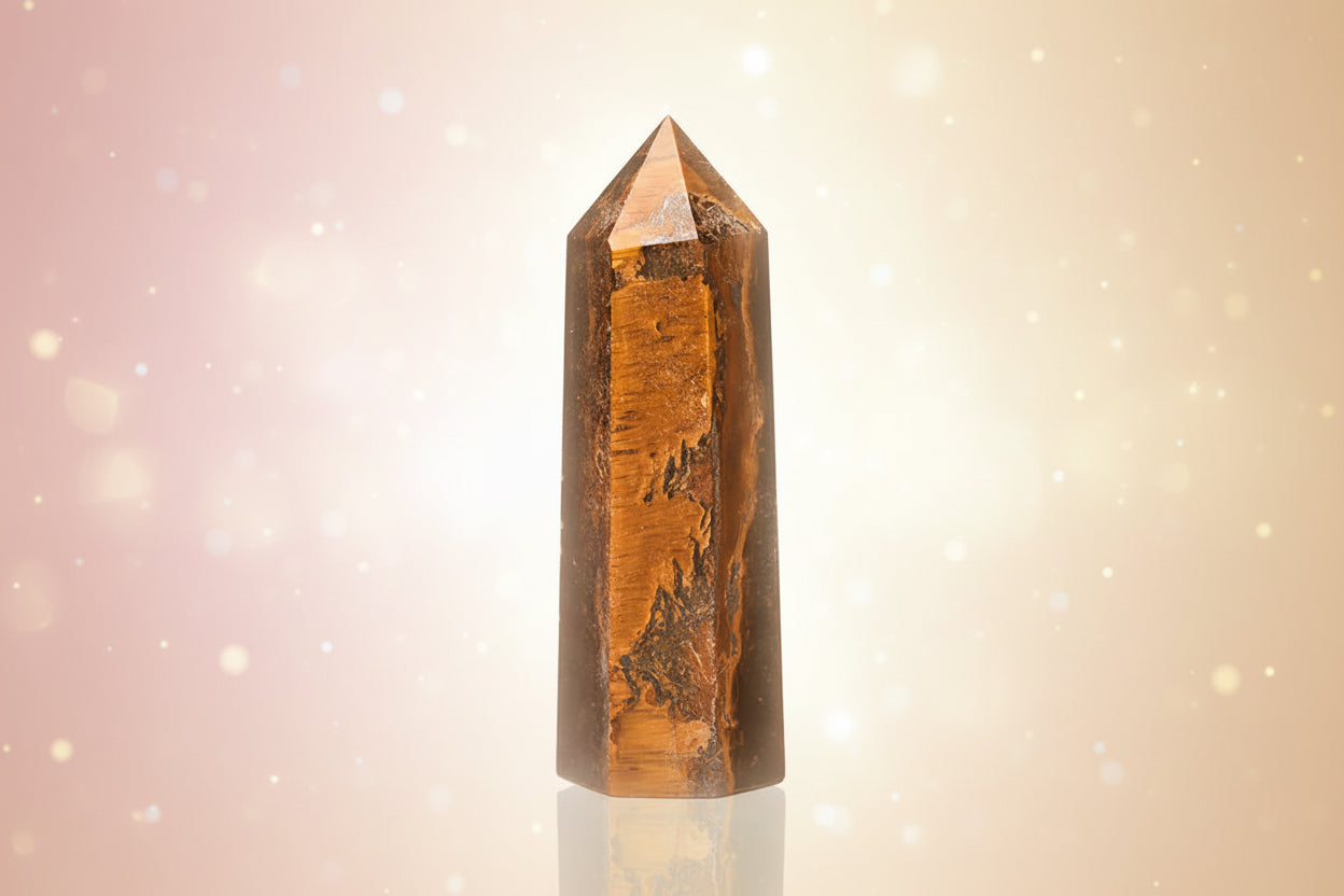 Tiger's eye crystal tower on a white background