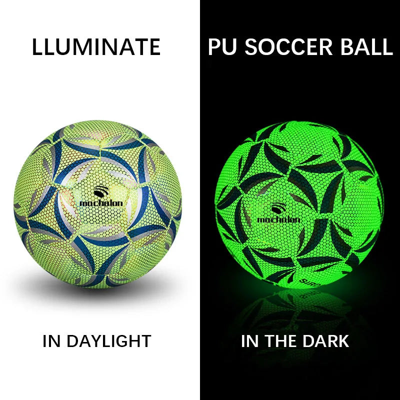 Two soccer balls, one illuminated in daylight and one glowing in the dark, with 'Machakon' branding.