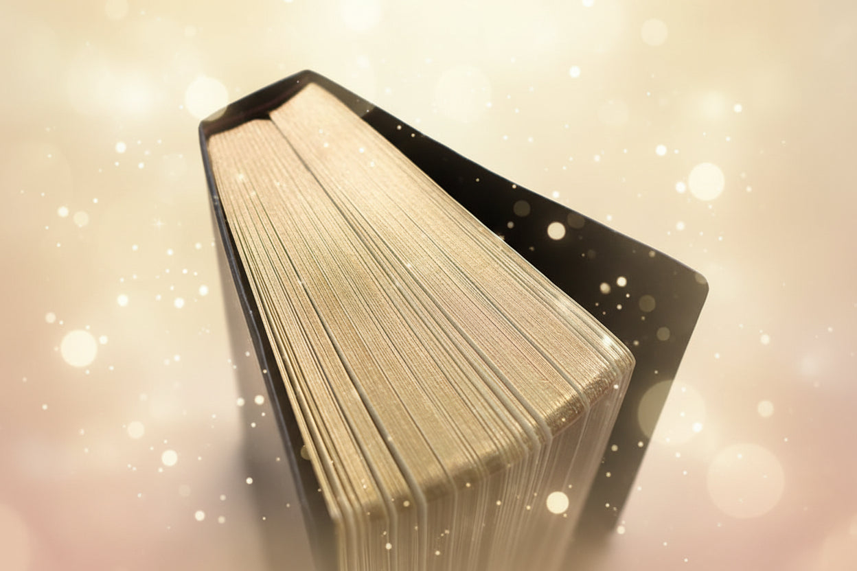 Close-up of a black-bound book with yellowed pages on a blurred background