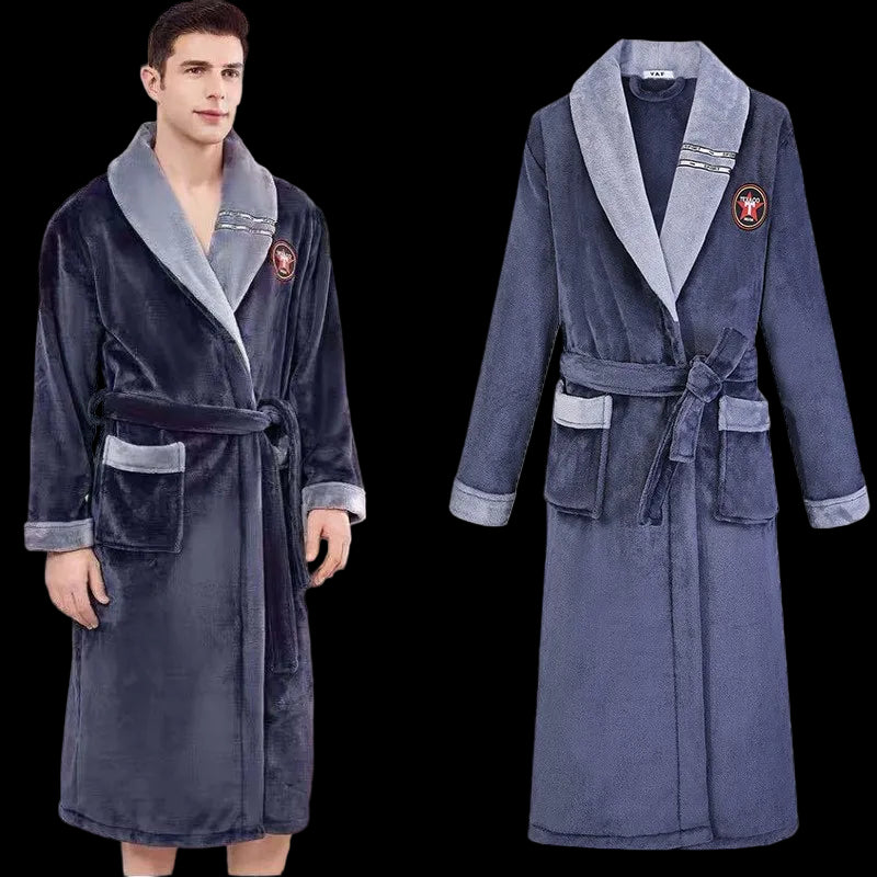Navy blue robe with gray trim worn by a person, displayed against a white background.