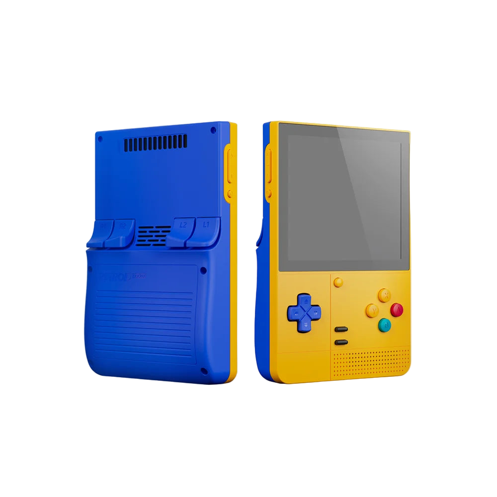 Blue and yellow handheld gaming console on a white background