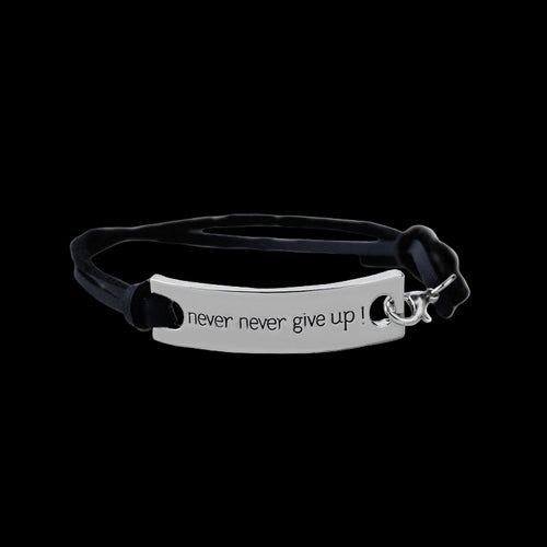 Bracelet with 'never never give up!' engraving on a white background