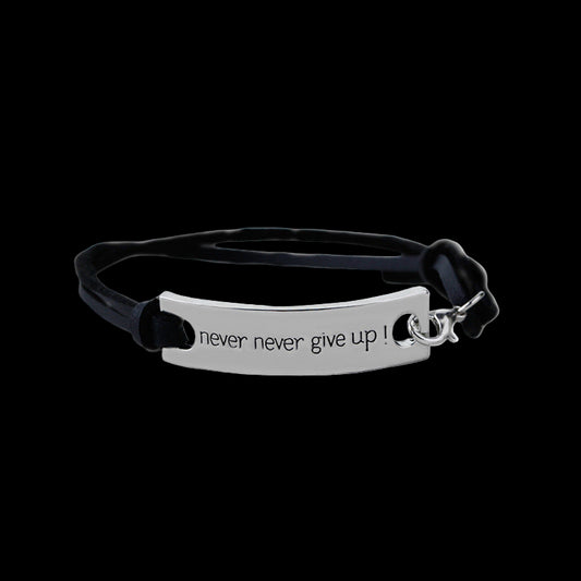 Bracelet with 'never never give up!' engraving on a white background