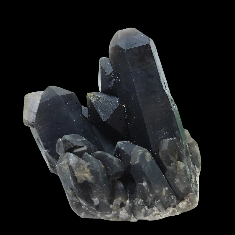 Black crystal formation on a white background with greenery