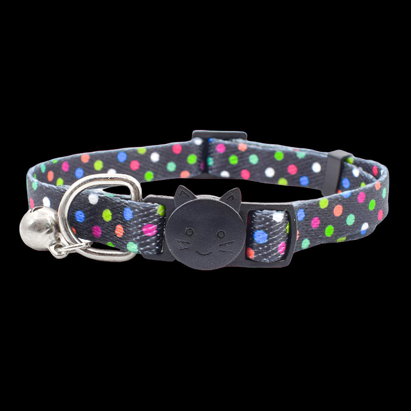 Cat collar with colorful polka dot pattern on a white background