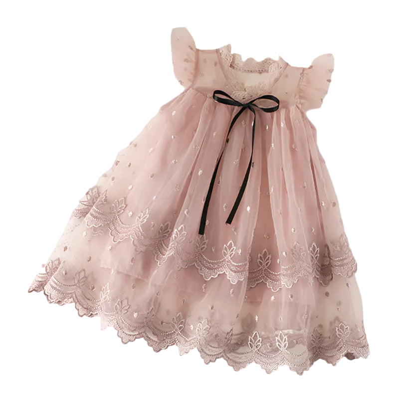 Pink lace dress with a black ribbon on a white surface