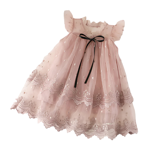 Pink lace dress with a black ribbon on a white surface