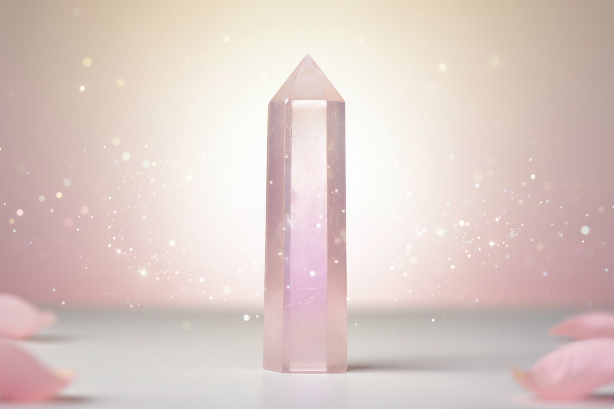 Crystal prism on a white surface with a blurred pink flower in the background