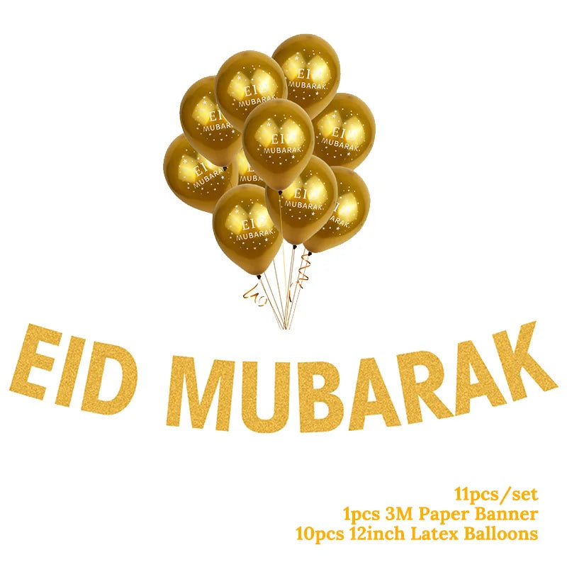 Gold balloons with 'EID MUBARAK' text on a white background