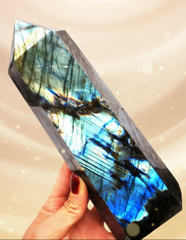 Hand holding a Labradorite crystal with colorful patterns on a white background