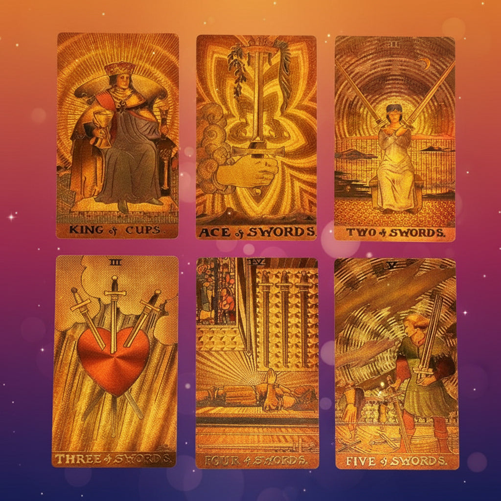 Set of tarot cards with detailed artwork on a dark background