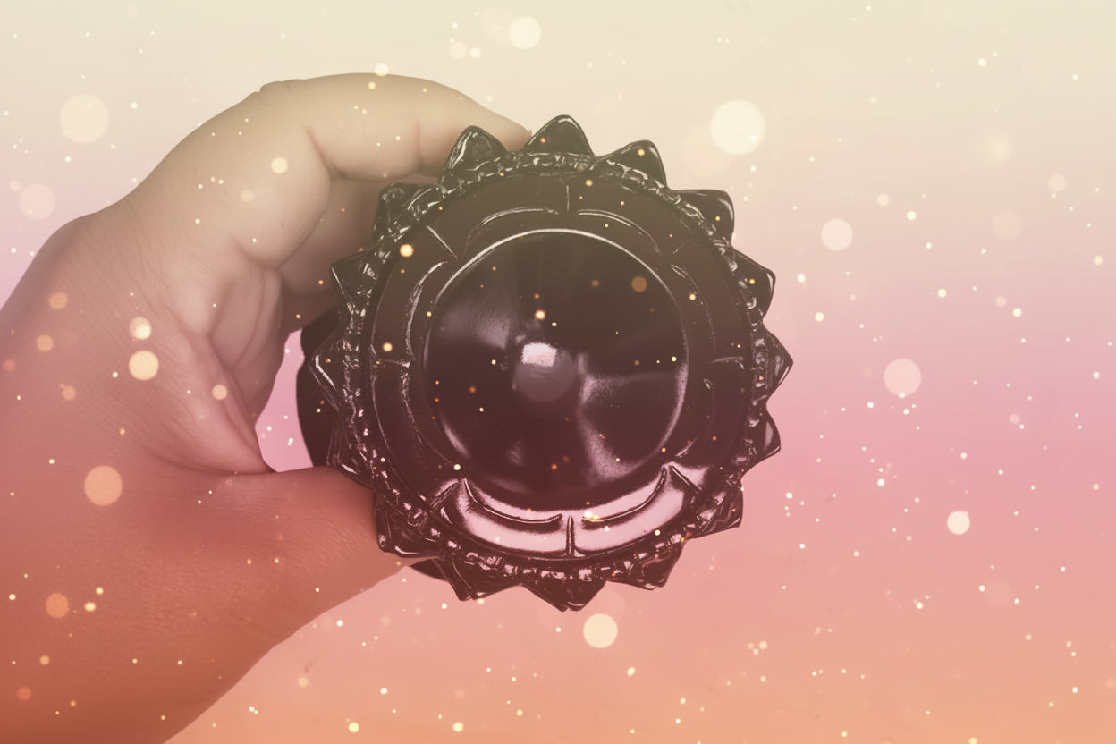 Hand holding a decorative black object against a white background