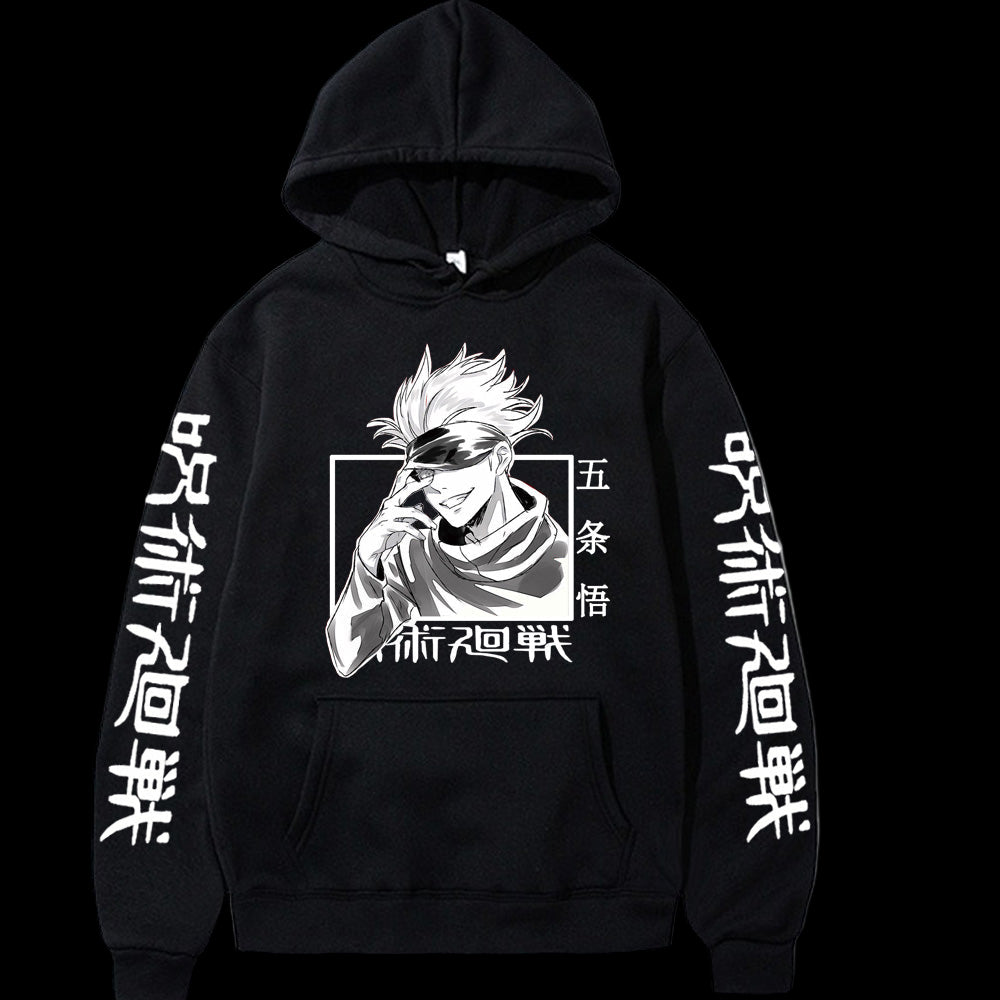 Black hoodie with white graphic and text on a white background
