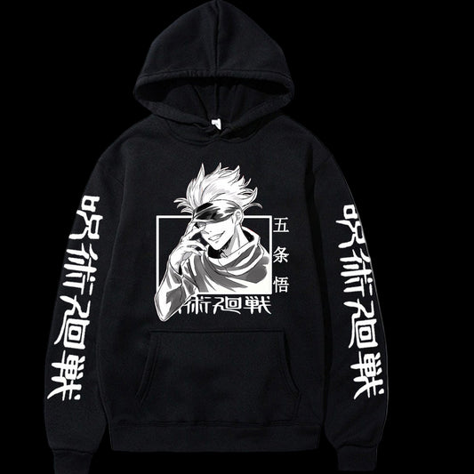 Black hoodie with white graphic and text on a white background