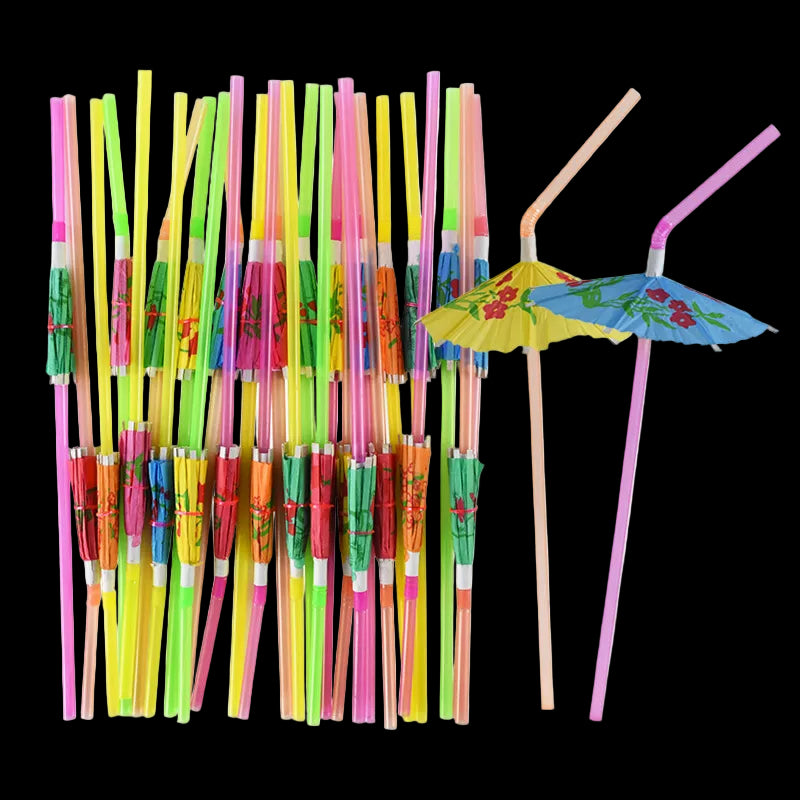Colorful straws with decorative ends and umbrella-shaped tips on a white background
