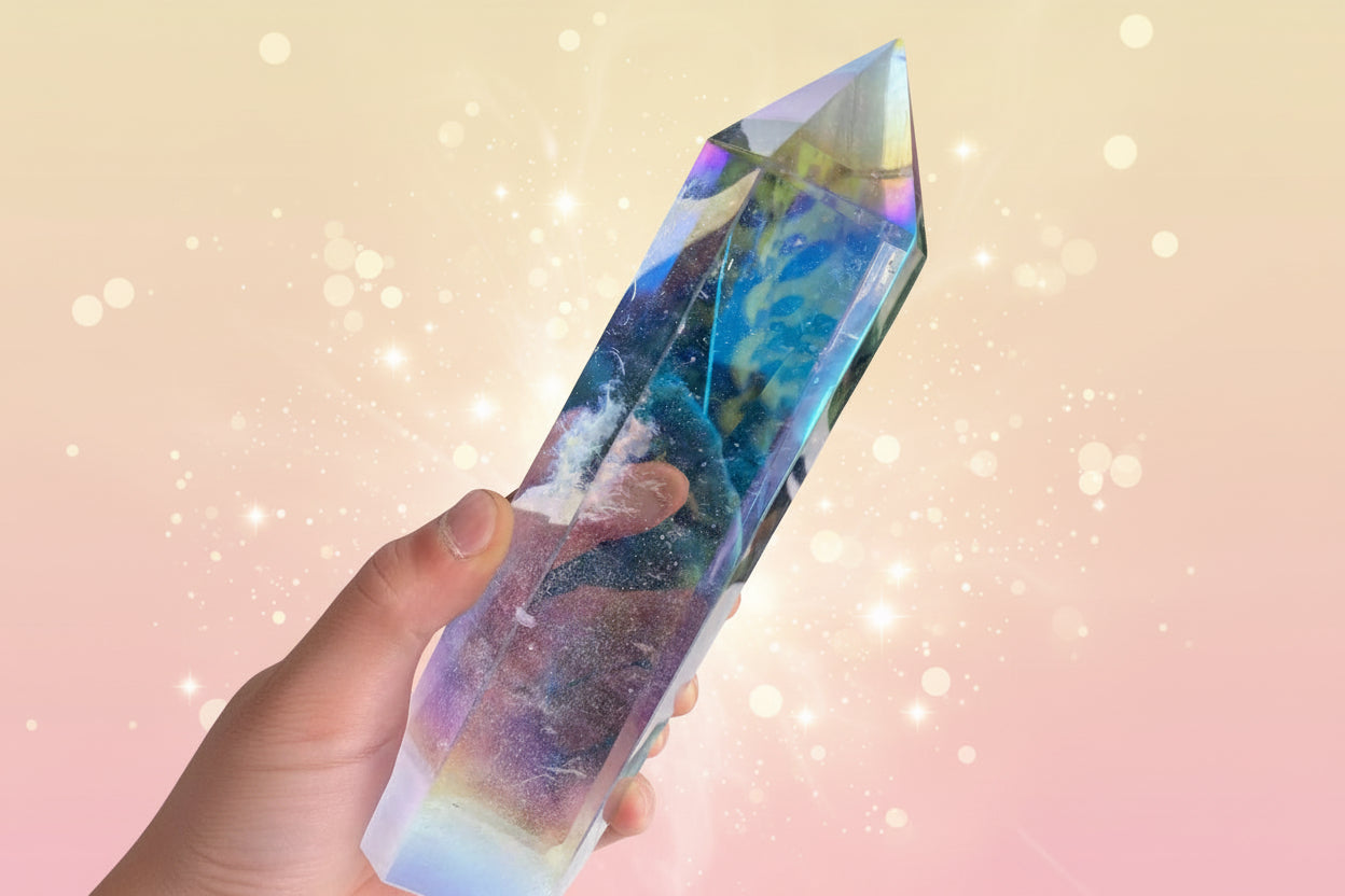 Iridescent crystal held by a hand with plants in the background