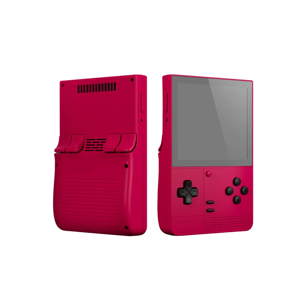 Red handheld gaming console on a white background