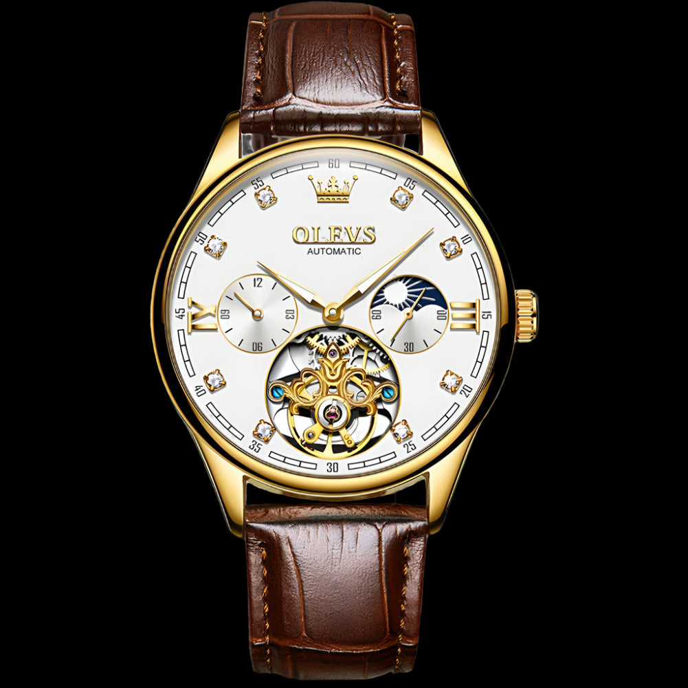 Luxury watch with brown leather strap and gold casing on a white background, featuring the OLEVS brand.