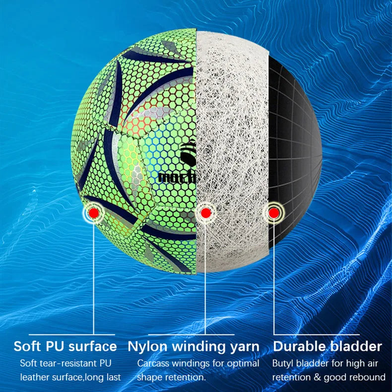 Football with cross-section showing materials on a blue background