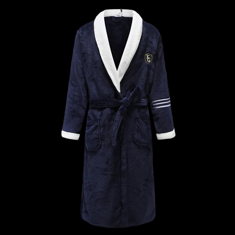 Navy blue robe with white trim on a white background