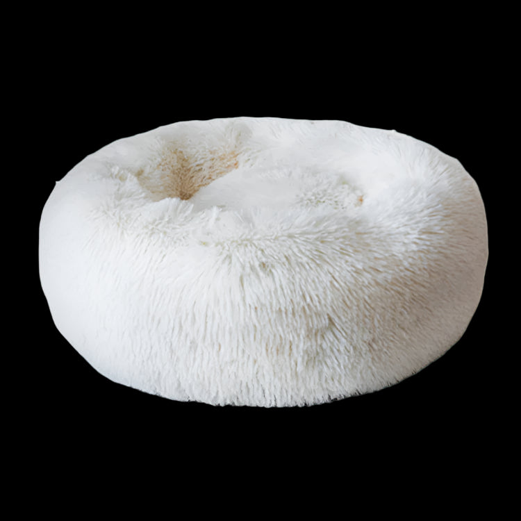 White fluffy donut-shaped pet bed on a white background
