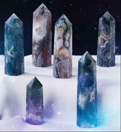 Moss Agate Crystal Hexagonal Column