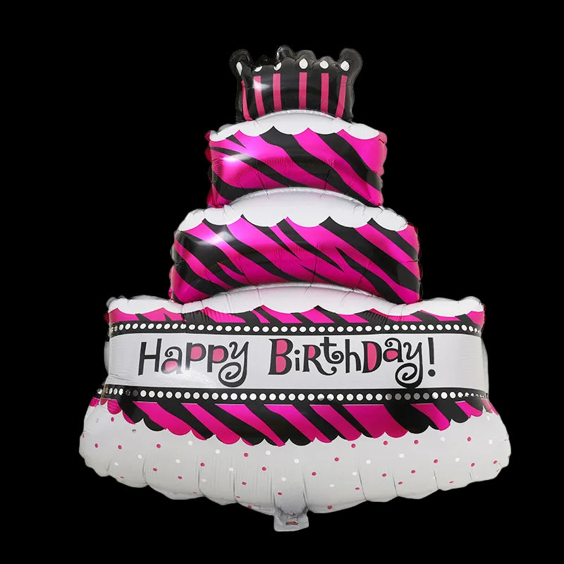 Zebra print birthday cake balloon with 'Happy Birthday!' text on a white background