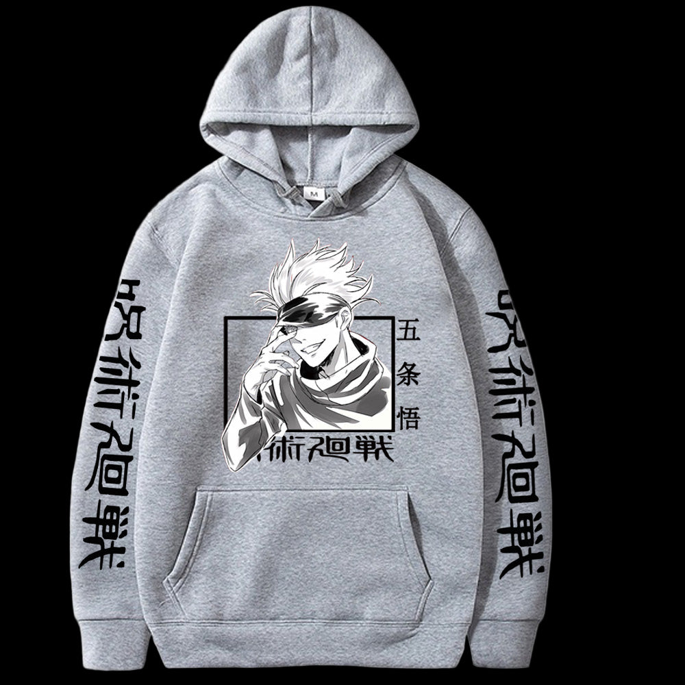 Gray hoodie with anime character and text on sleeves against a white background