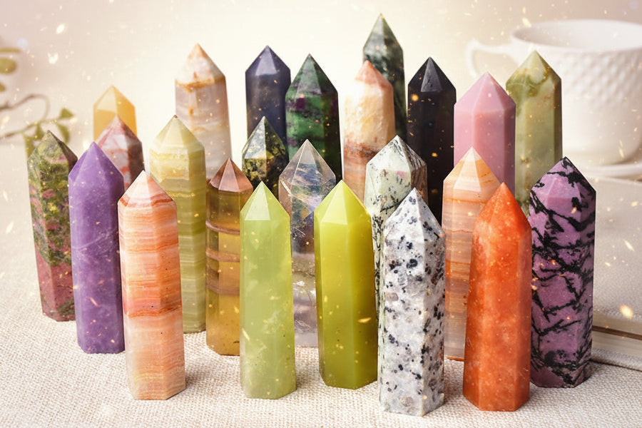 Collection of colorful crystal points on a textured surface