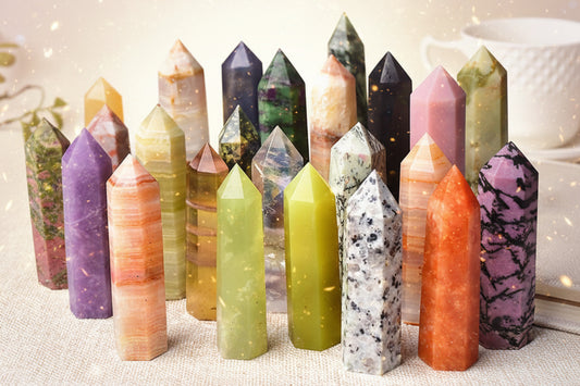 Collection of colorful crystal points on a textured surface