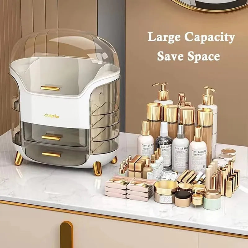 Cosmetic organizer with skincare products on a marble surface, featuring text 'Large Capacity Save Space'.