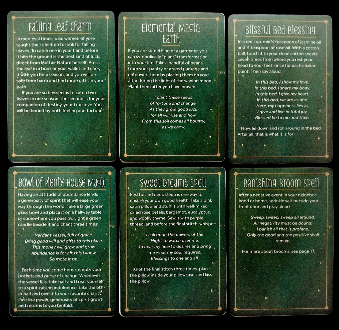 Set of six green spell cards with text on a white background