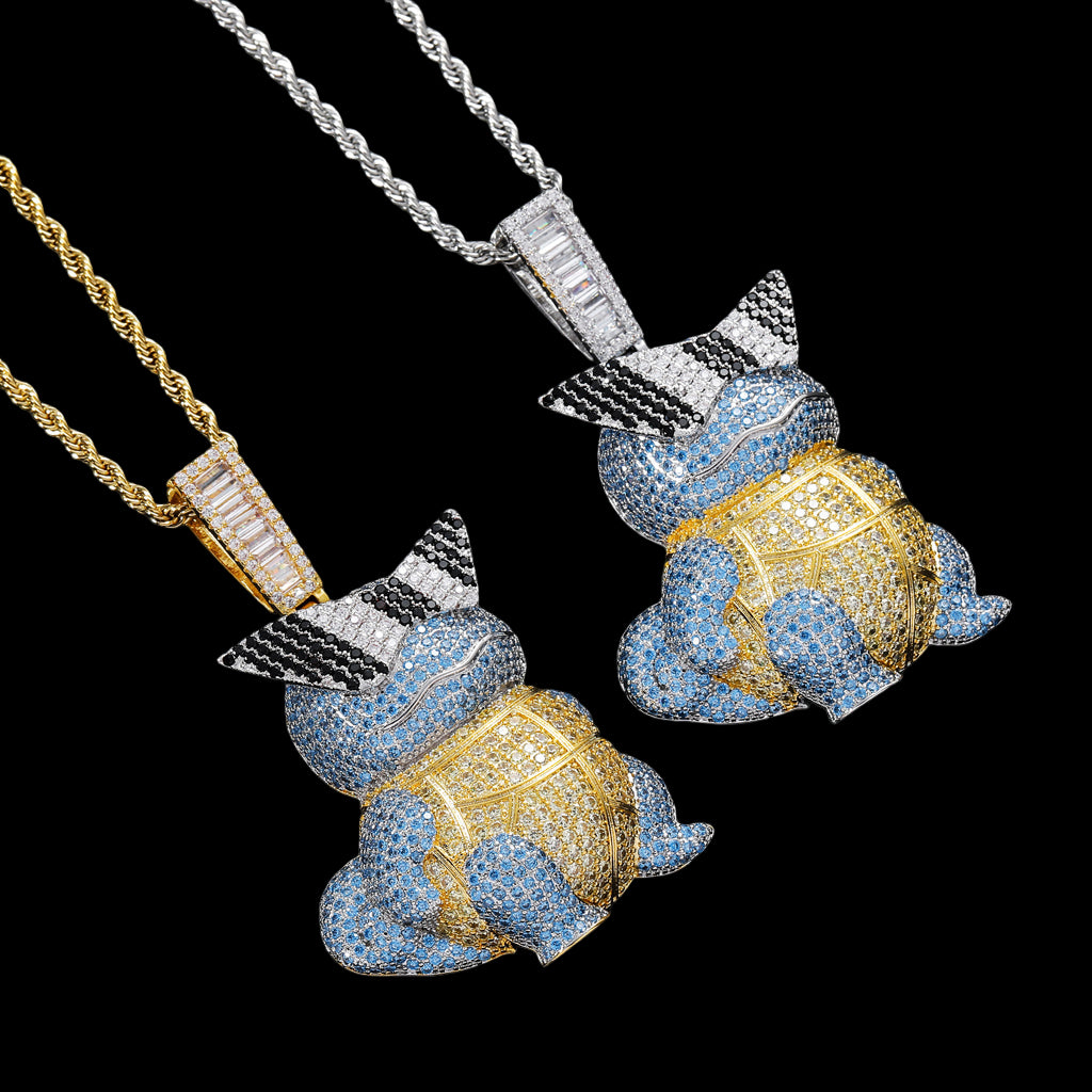 Two diamond-encrusted pendants on gold and silver chains against a black background