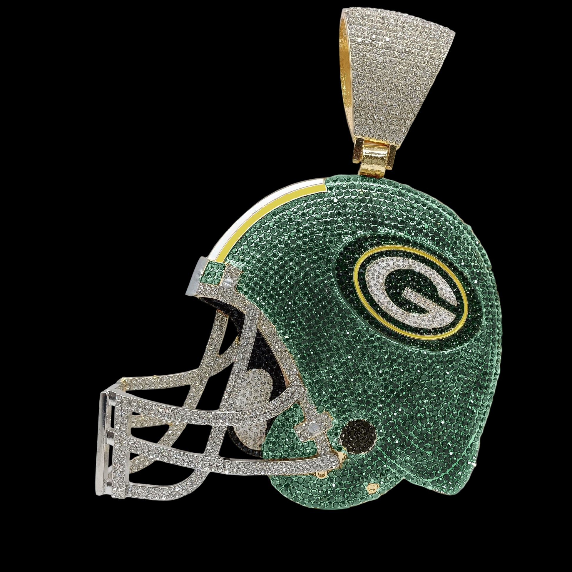 Green Bay Packers helmet pendant with rhinestones on a white background