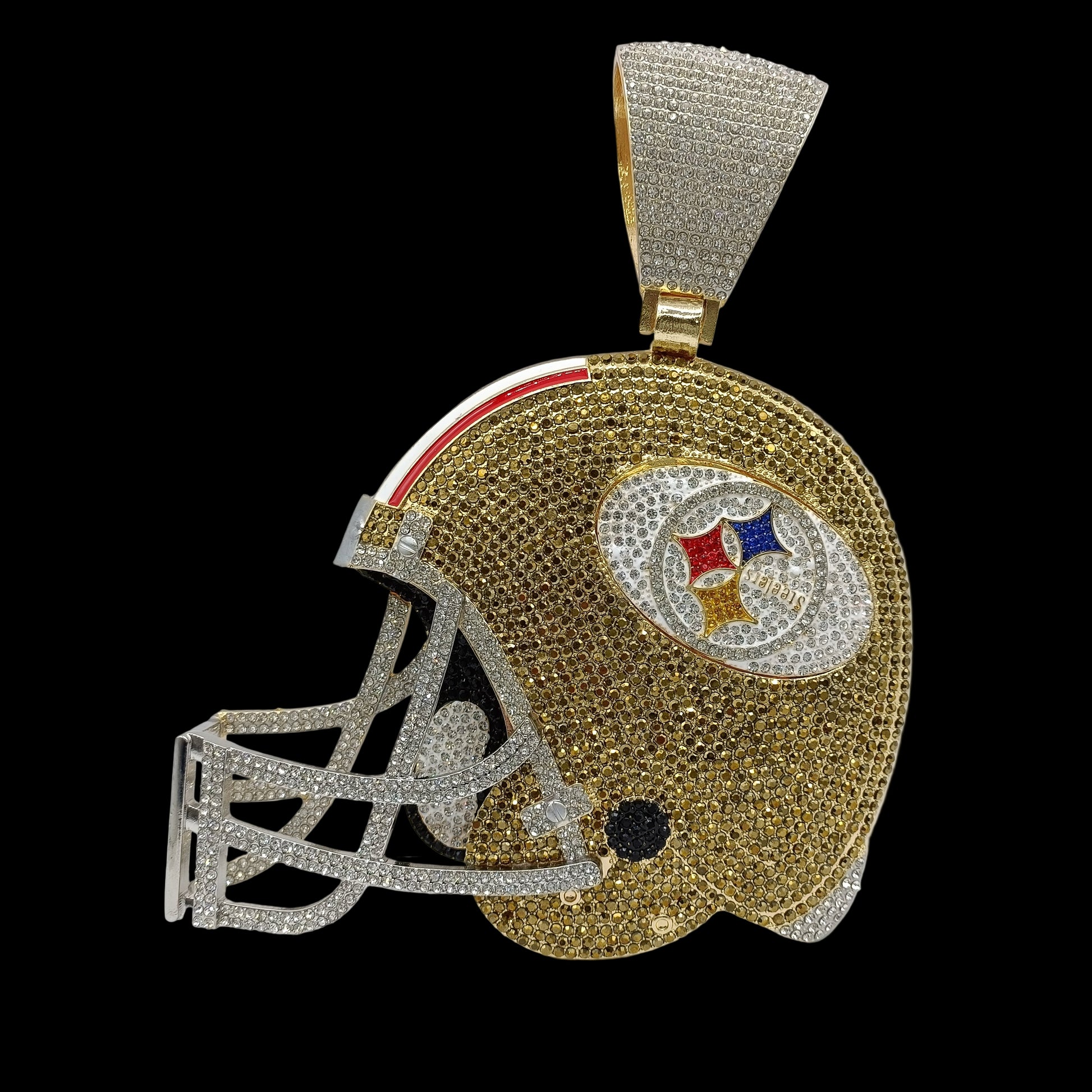 Gold and silver helmet-shaped pendant with a logo on a white background